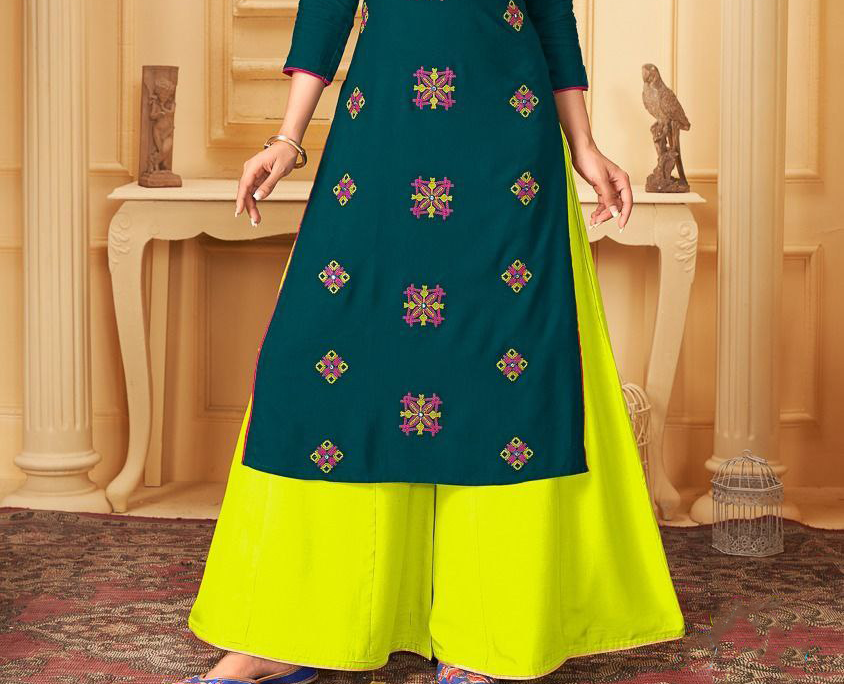 Green Colored Slub Rayon Palazzo Set In Glendde