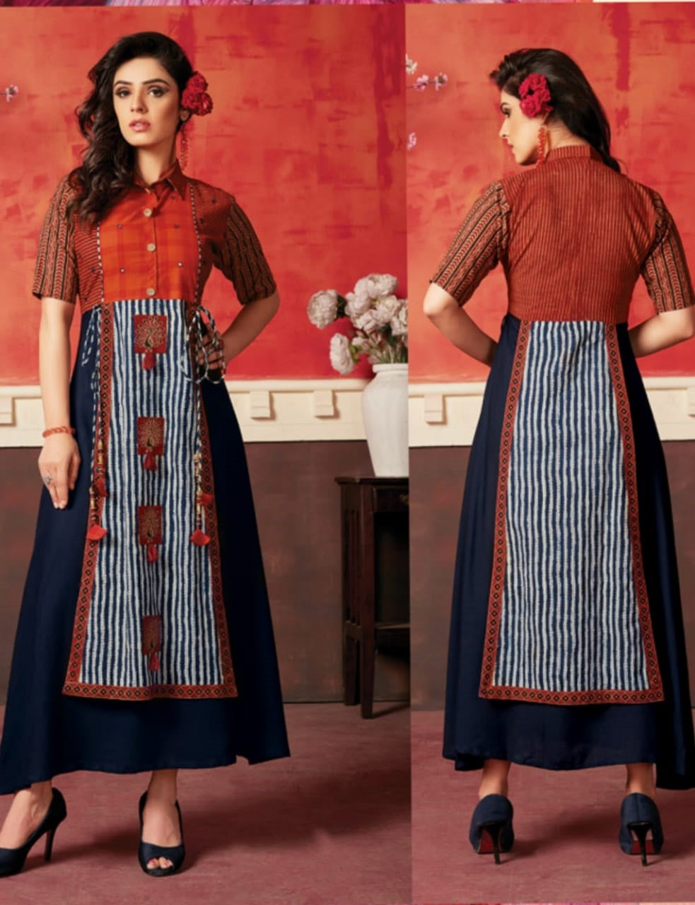 Elegant Collared Cotton And Rayon Mix Kurti