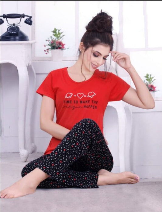 Comfy Women's Red and Black Cotton Printed Tee With Pants And Shorts 3 Piece Set