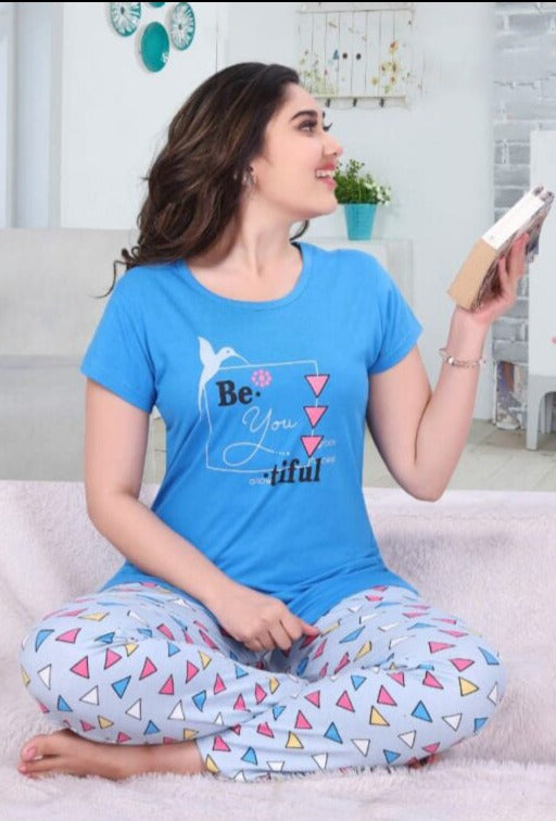 Comfy Women's Light Blue Cotton Printed Tee With Pants And Shorts 3 Piece Set