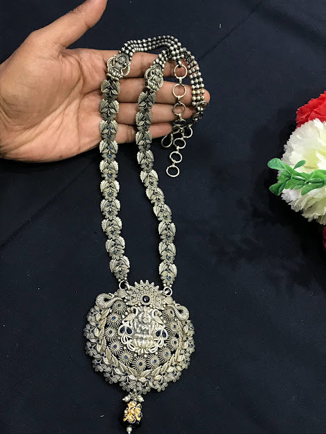 Heavy Oxidized Temple Pendant Long Necklace With Earrings Near Me