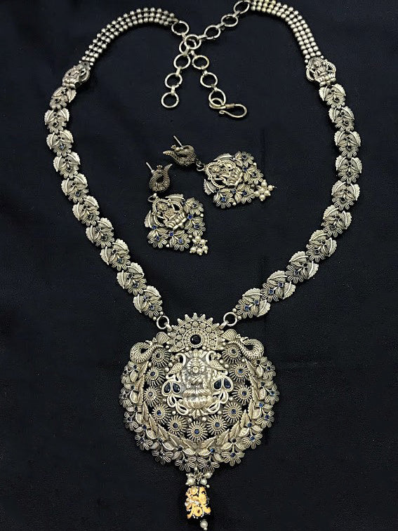 Oxidized Heavy Traditional Temple Pendant Long Necklace With Earrings In USA