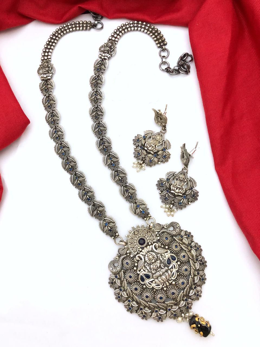 Traditional Temple Pendant Oxidized Long Necklace With Earrings