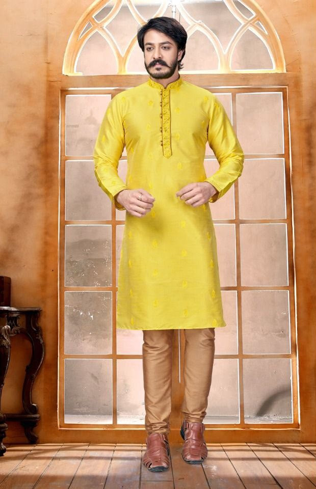 Designed Butti Embroidery Work Kurta With Pajama - Yellow