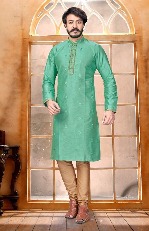 Designed Butti Embroidery Work Kurta With Pajama - Light Green