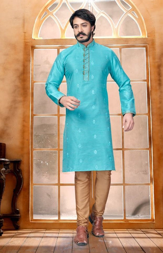 Designed Butti Embroidery Work Kurta With Pajama - Sky Blue