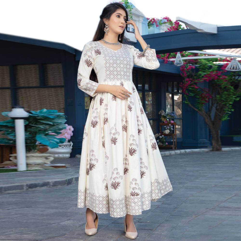Beautiful Off White Floral Cambric Printed Cotton Gown