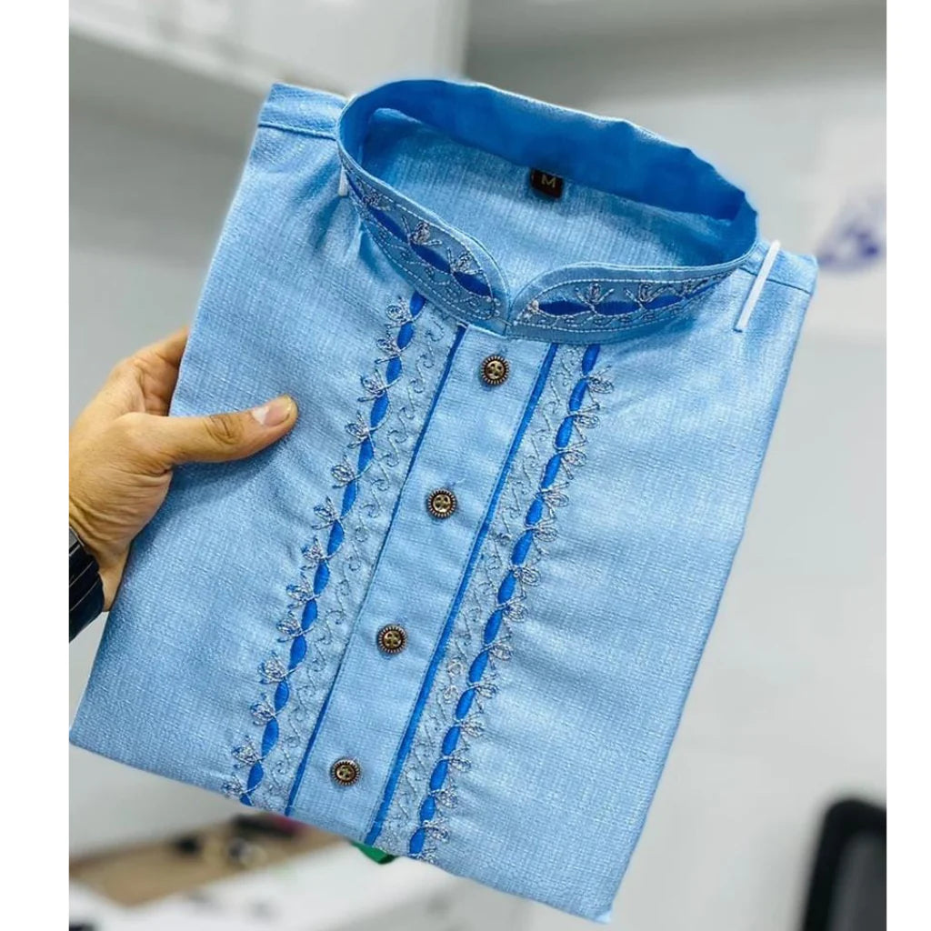 Sky Blue Solid Embroidered Traditional Silk Kurta Pajama Set In Peoria