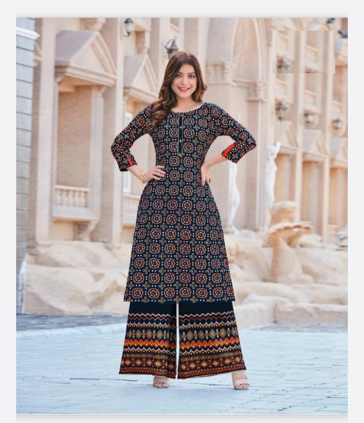 Womens Teal Rayon Printed Kurti With Palazzo Pant