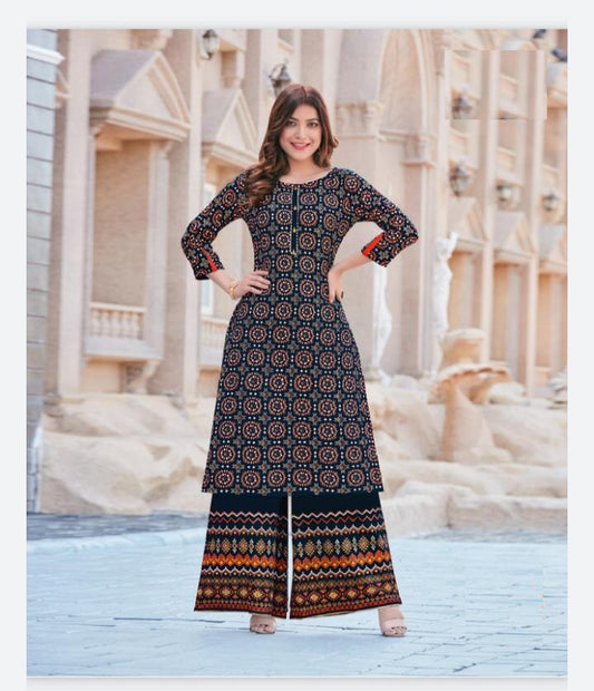 Womens Teal Rayon Printed Kurti With Palazzo Pant