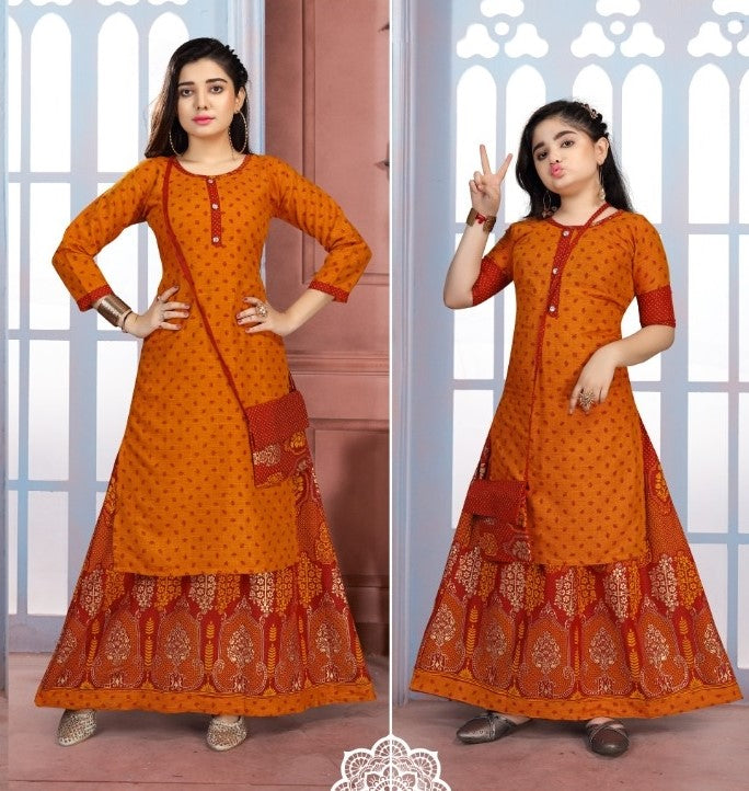 Orange Stylish Printed Rayon Kurti With Skirt & Purse Near Me