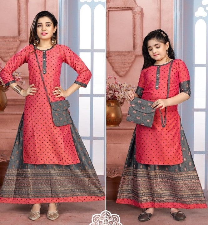 Pink Stylish Printed Rayon Kurti with Skirt & Purse near me