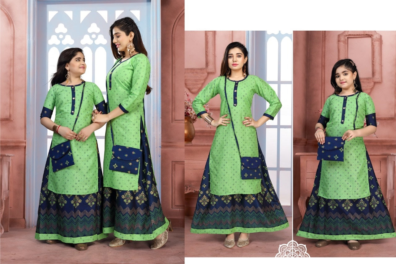 Parrot Green Stylish Printed Rayon Kurti With Skirt In Skull Valley