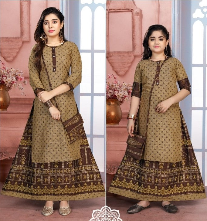 Brown Stylish Printed Rayon Kurti With Skirt & Purse Near Me