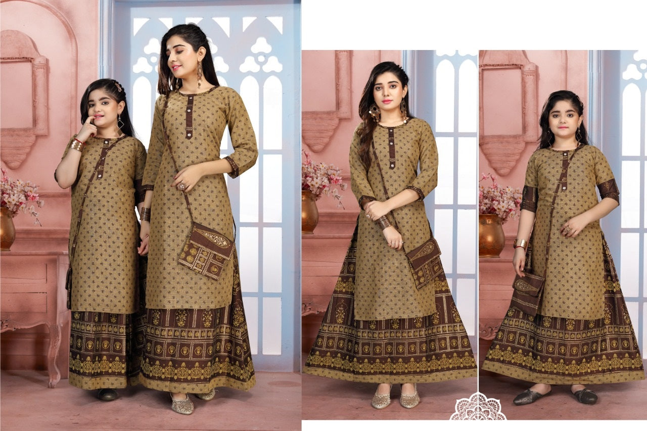 Brown Stylish Printed Rayon Kurti With Skirt & Purse In Scottsdale