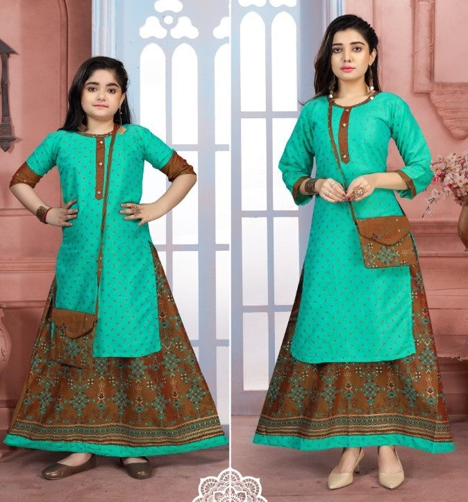 Green Stylish Printed Rayon Kurti With Skirt & Purse Near Me