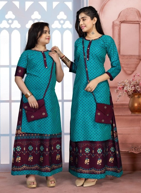 Like Mom Like Daughter Bluish Green Stylish Printed Rayon Kurti With Skirt & Purse Near Me