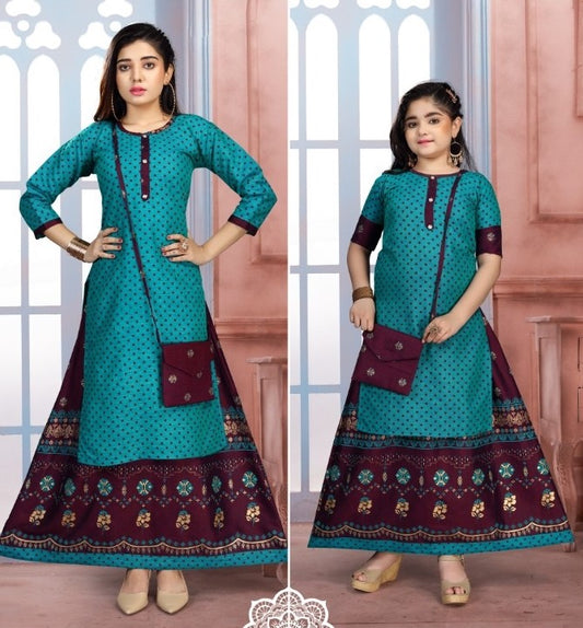 Like Mom Like Daughter Bluish Green Stylish Printed Rayon Kurti with Skirt & Purse