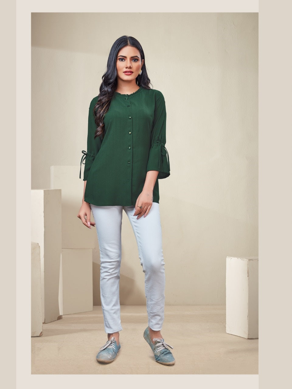 Fashionable Dark Green Rayon Women's Western Top