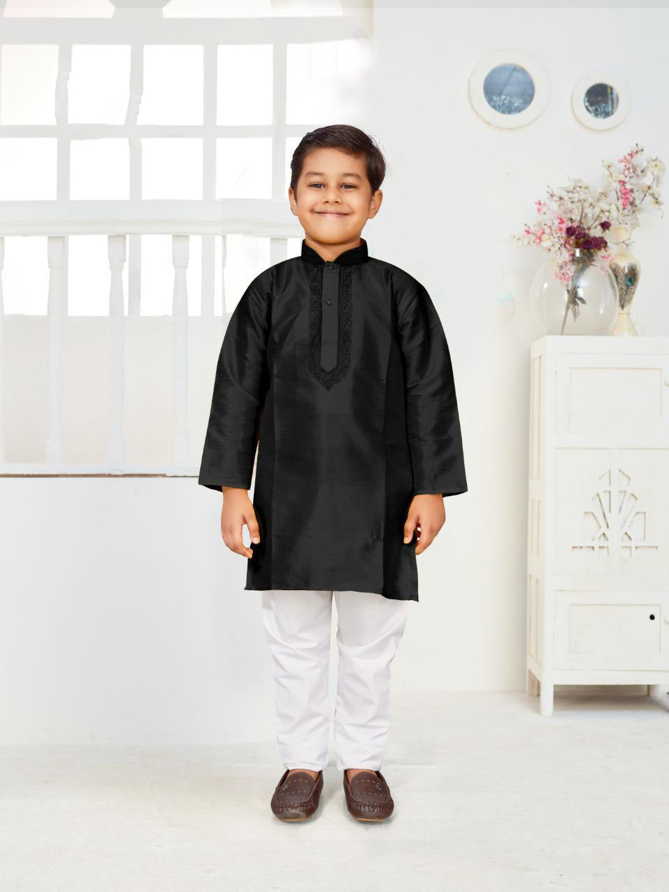 Dhupion Silk Kid's Kurta With Pajama Set - Black