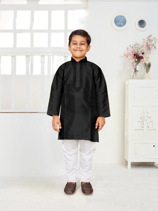 Dhupion Silk Kid's Kurta With Pajama Set - Black