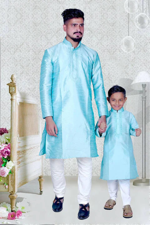 Dad And Son Pure Malbari Silk Regular Pajama Set - Sky Blue
