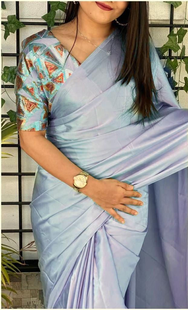 Japan Satin Plain Light Gray Fancy Saree Near Me