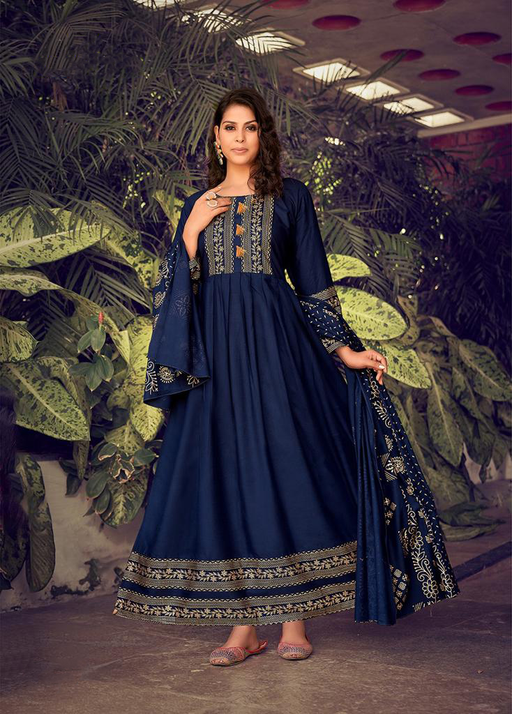 Blue Color Fancy Foil Printed Rayon Gowns With Dupatta Collection