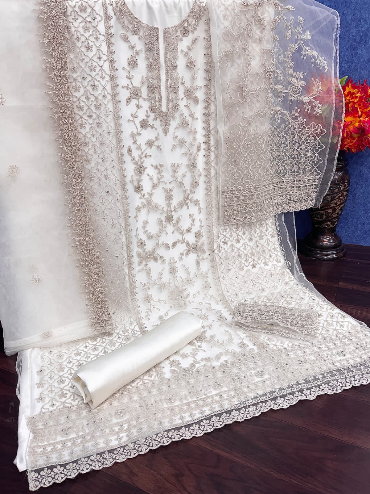 Embroidered Net Beautiful Palazzo Suit In Douglas