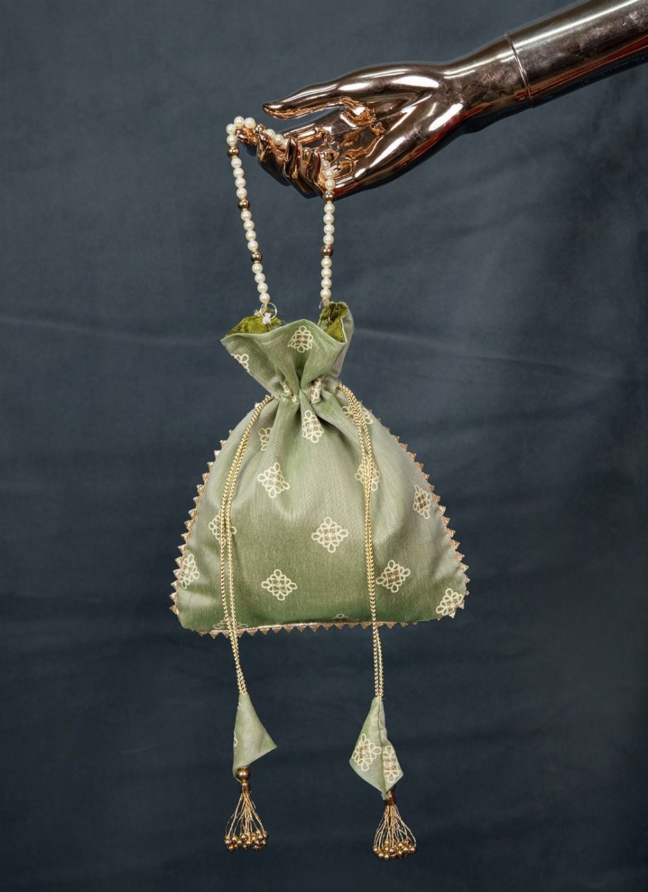 Light Green Color Foil Printed Chanderi Batwa Bag