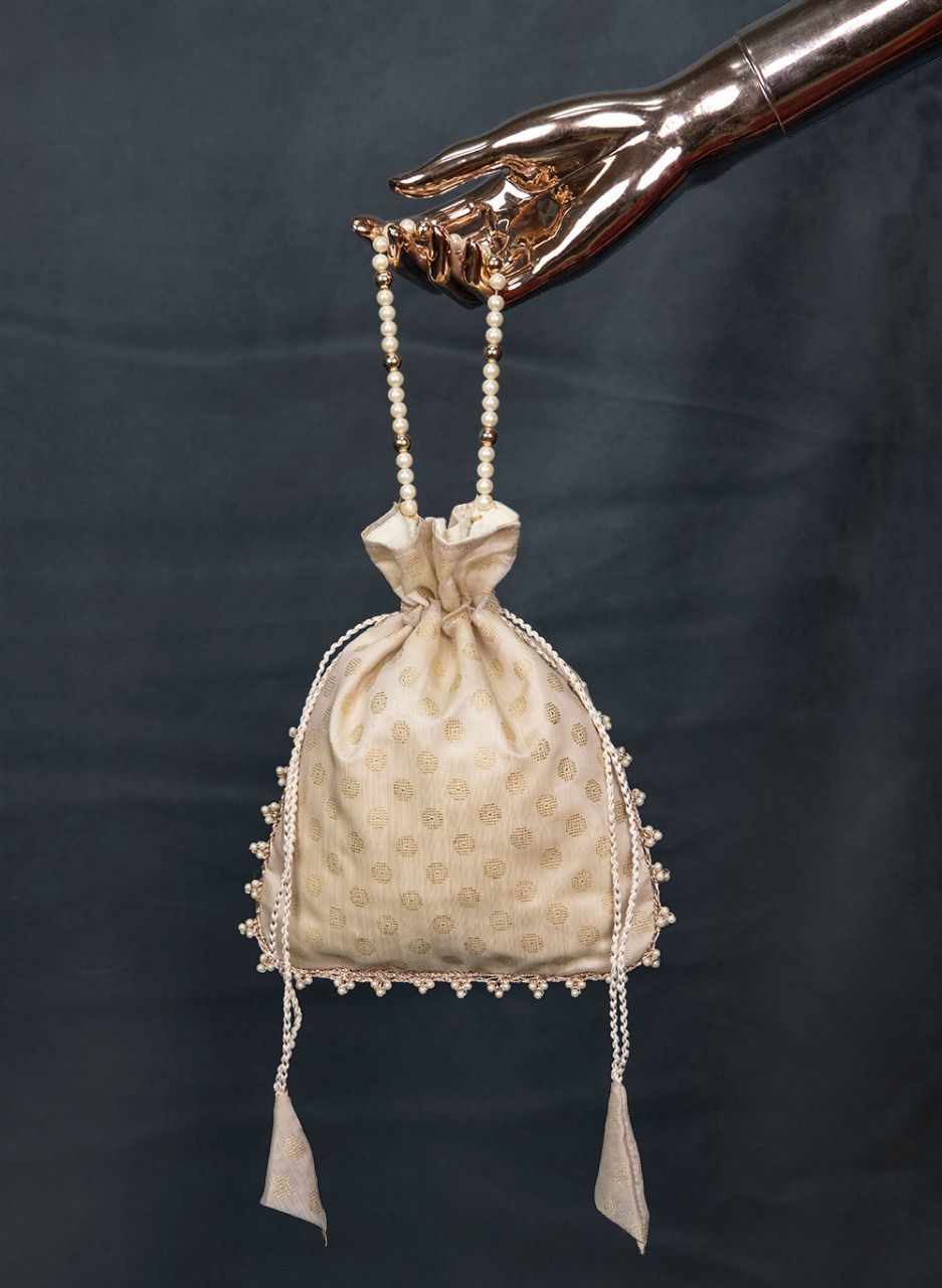 Off White Color Foil Printed Chanderi Batwa Bag