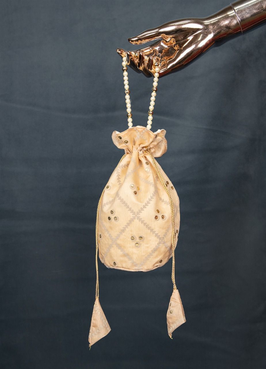 Cream Color Foil Printed Chanderi Batwa Bag