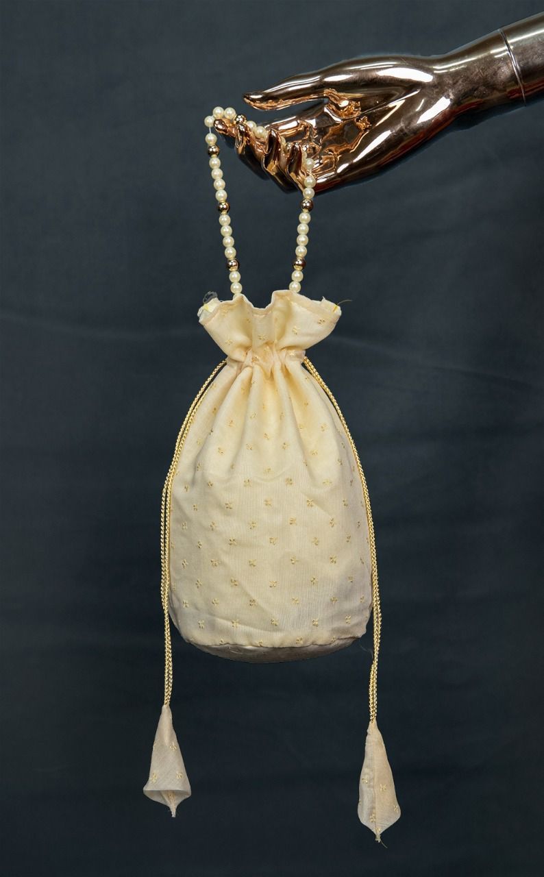 Beige Foil Printed Chanderi Batwa Bag