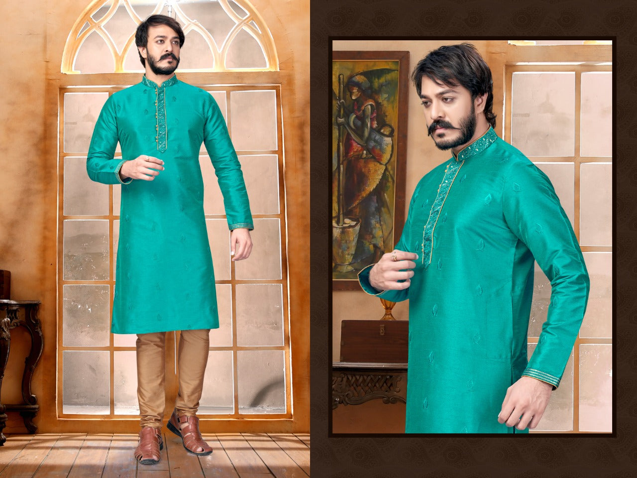 Teal Green color Designed Butti Embroidery Work Sherwani with Pant in USA