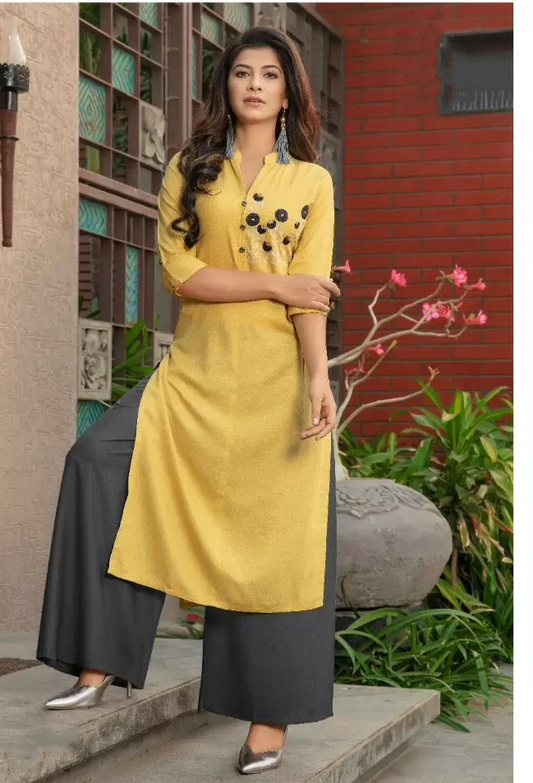 Slub Rayon Kurti With Matching Grey Palazzo Pants