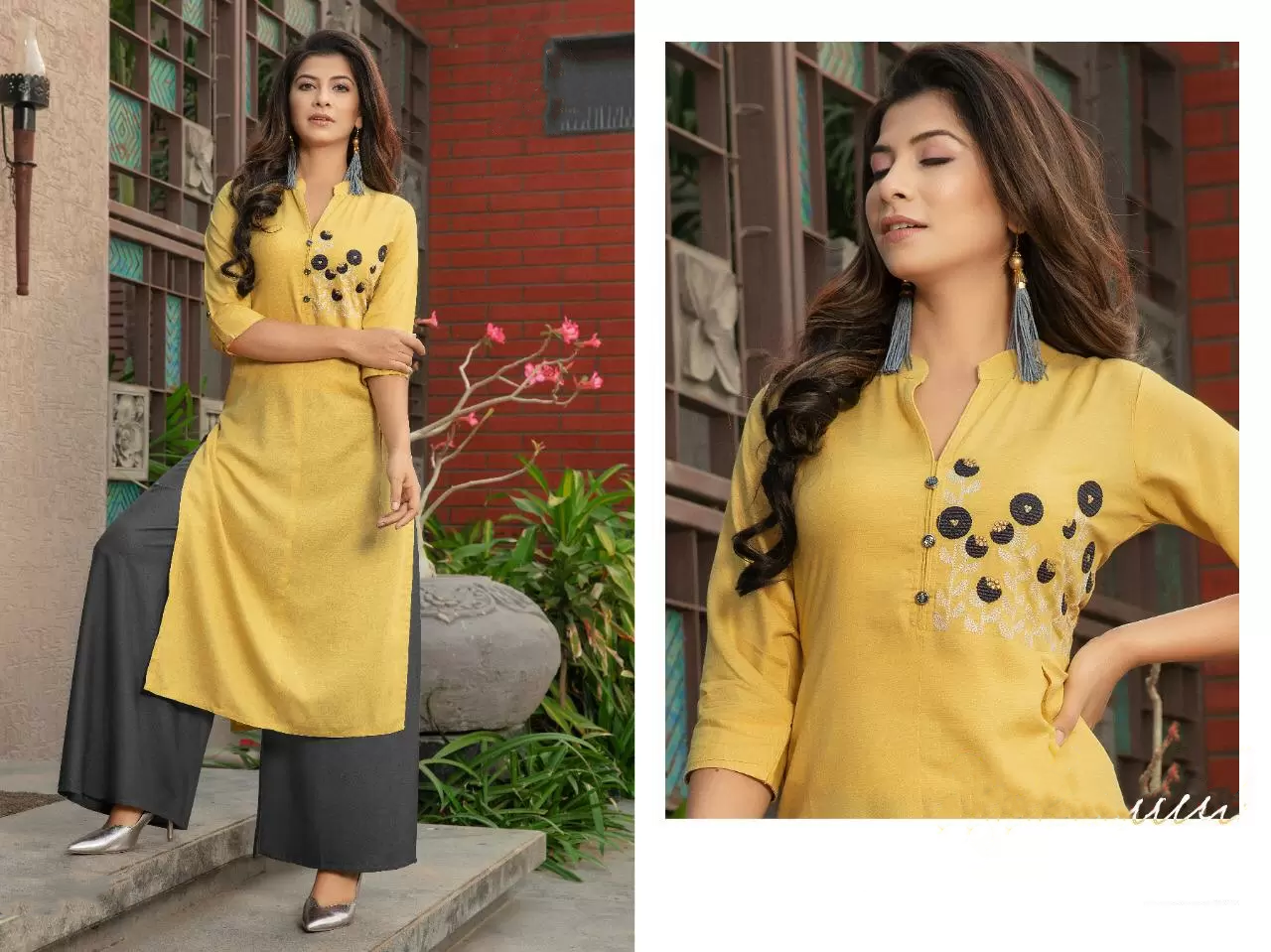 Slub Rayon Kurti With Matching Grey Palazzo Pants In Thatcher