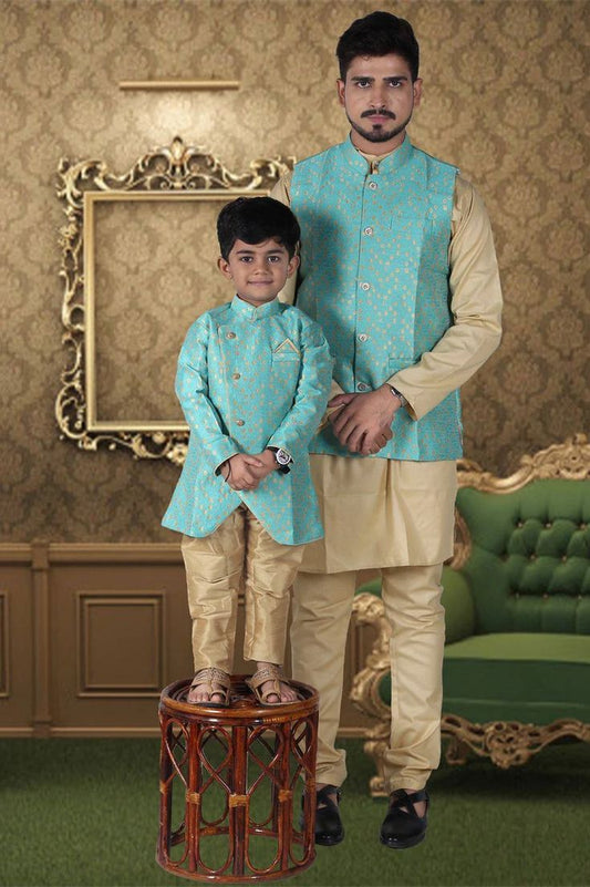 Dad & Son Pure Cotton Silk Regular Pajama Set With Jacket - Sea Green