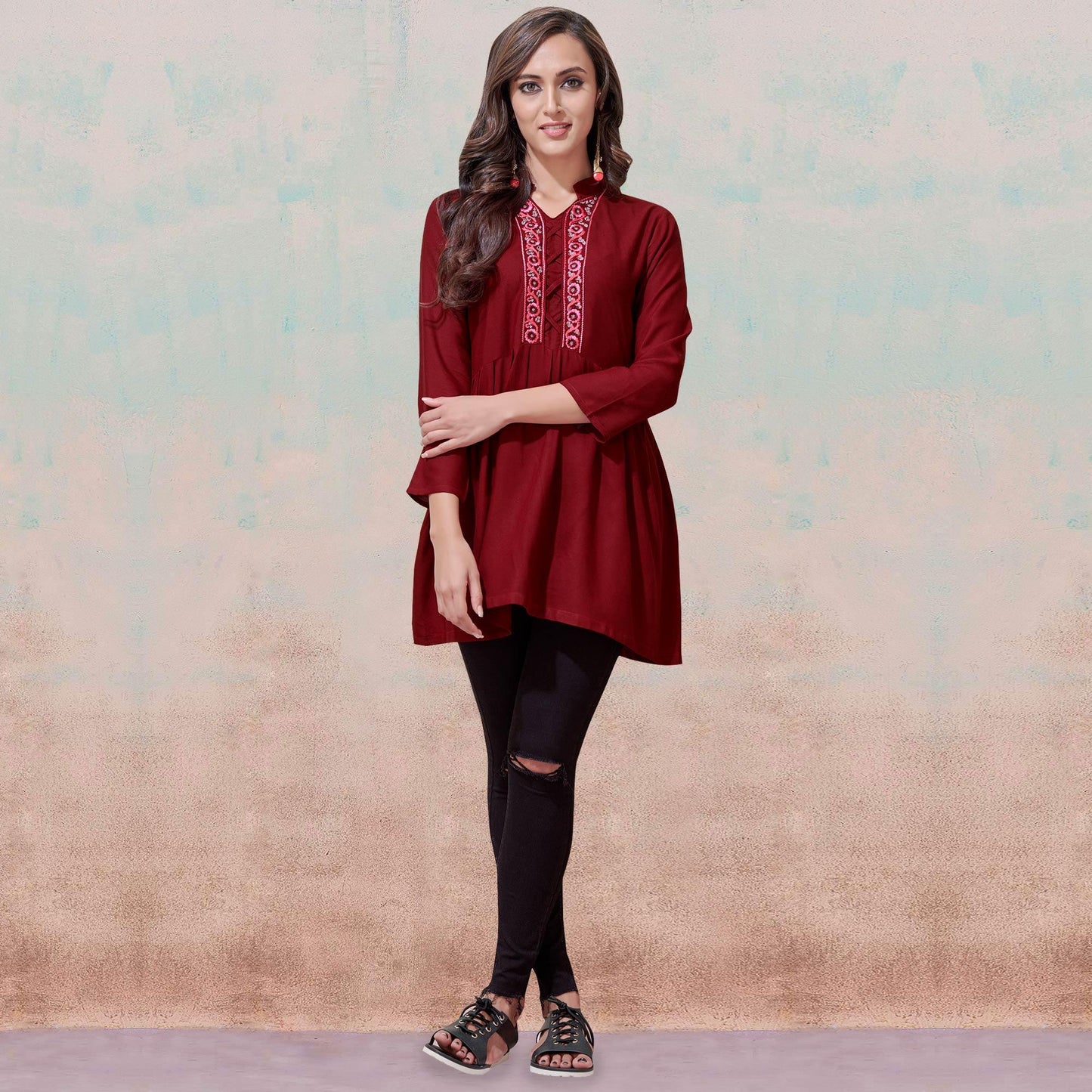 Maroon Color Rayon A-Line Embroidered Top