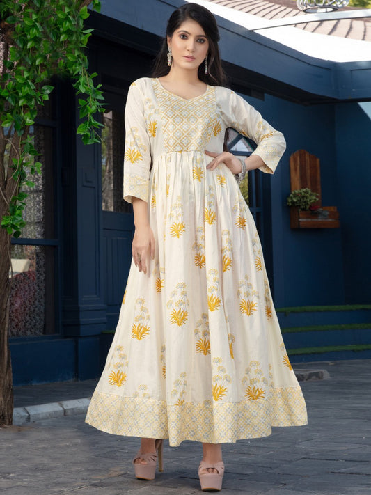 Vibrant Yellow Floral Cambric Printed Cotton Gown