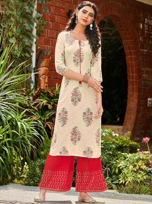 Trendy Women White & Pink Ethnic Print Straight Kurti