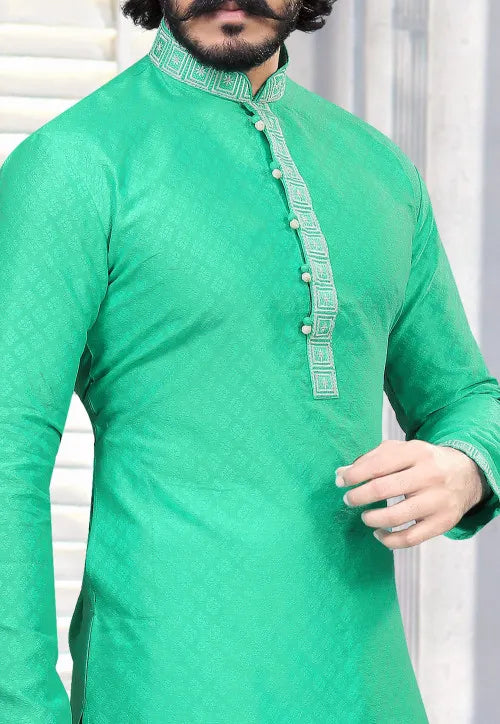 Sea Green Men's Fancy Embroidered Cotton Silk Kurta in Arizona