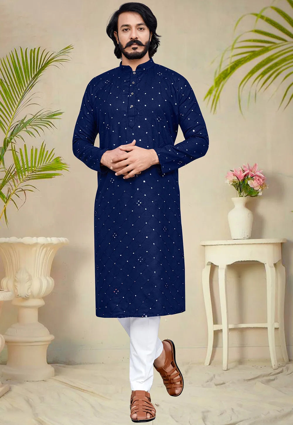 Stylish Kurta Pajama With Embroidery Mirror Work Navy Blue