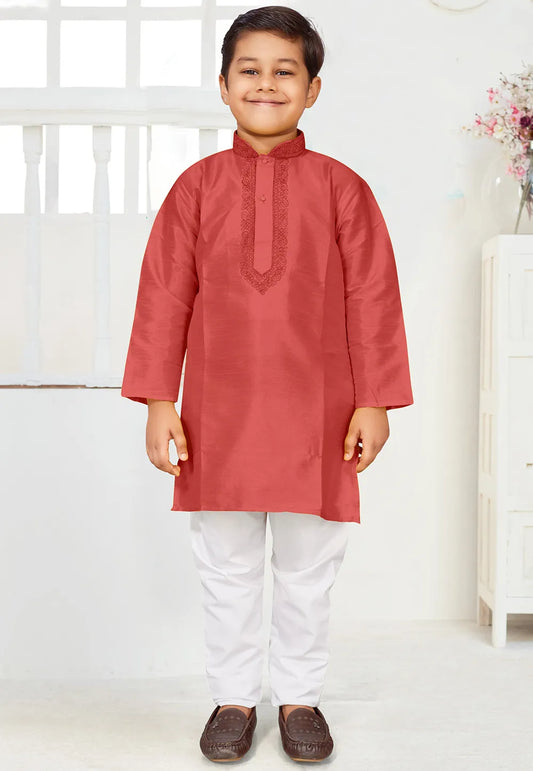 Dhupion Silk Kid's Kurta With Pajama Set - Red