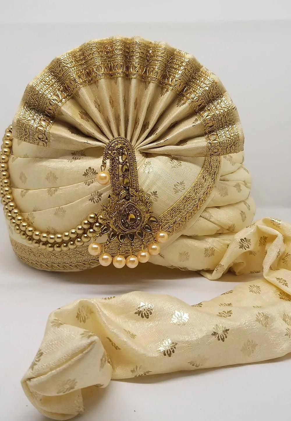 Foil Printed Art Silk Turban in Light Beige near me