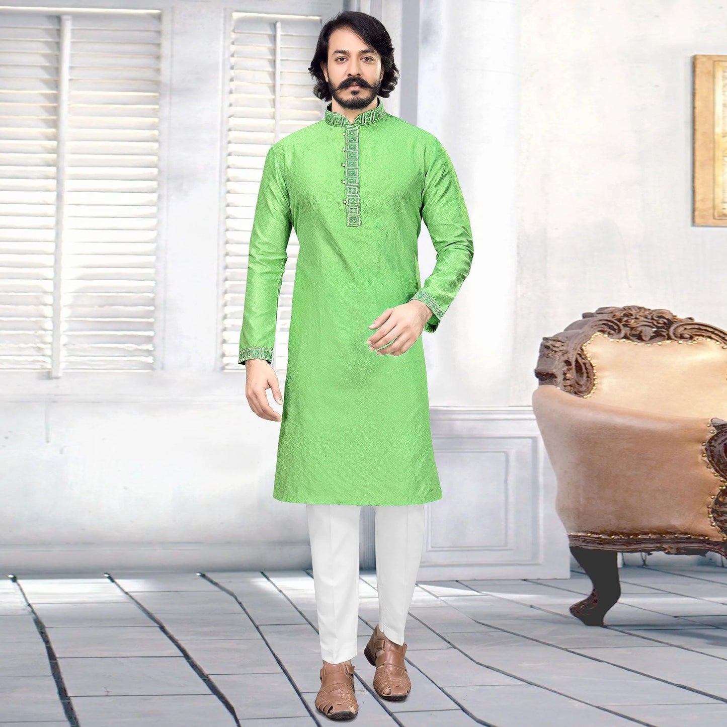 Embroidered Men's Cotton Silk Kurta Pajama Set in Light Green