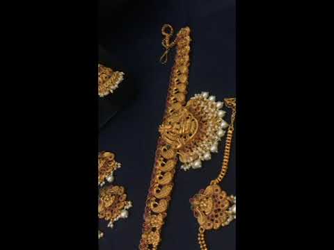 Traditional Temple Design Matte Finished Mango Haram With Lakshmi Pendant Bridal Set In USA
