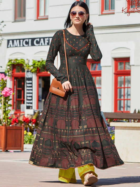 Dark Gray Printed Slub Rayon Long Dress