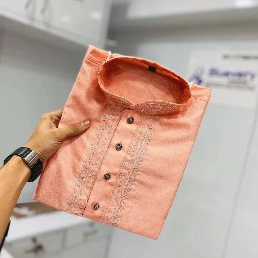 Solid Embroidered Silk Kurta Pajama Set Peach Color In Gilbert