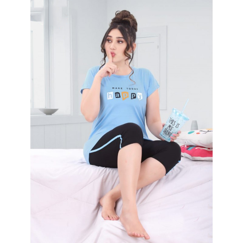 Charming Women's BLUE And Black Printed Cotton Night Wear S(36) / Cotton / BLUE