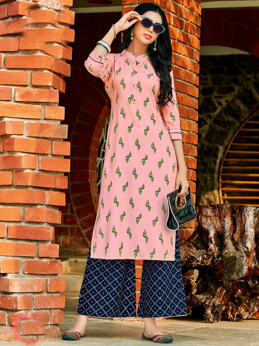 Trendy Rayon Pink Printed Kurti And Blue Printed Palazzo Pants